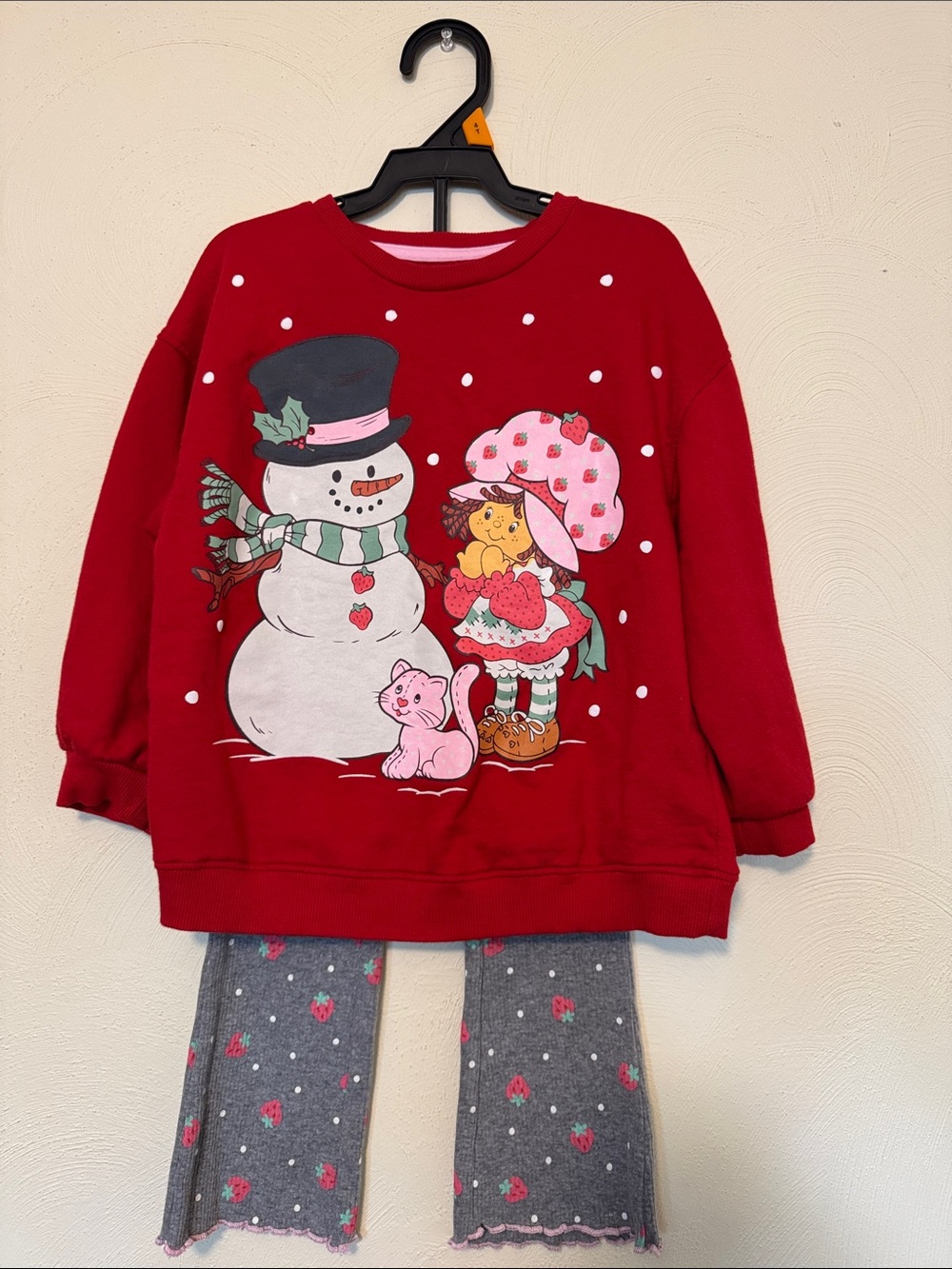 Girls Red Holiday Sweatshirt Top with Snowman & Strawberry Shortcake
